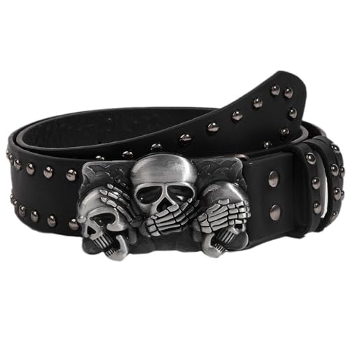 Mens Belt Leather Skull Buckle Belt Waist Band Jeans Decorative Punk Belt Black Studded Belts for Men Y2k Skull Belts
