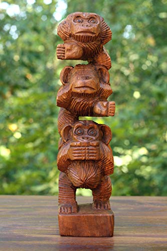 G6 Collection 12" Wooden Hand Carved Stacked 3 Monkey See, Hear, Speak No Evil Figurines Handmade Art Sculpture Decorative Home Decor Accent Handcrafted Wood Decoration Three Monkeys Statue