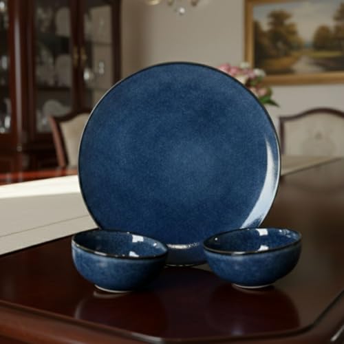Image of Freakway Ceramic Dinner Set, 3 Piece, Cream with Brown Speckled | Round Shape, Includes 1 Dinner Plate and 2 Bowls