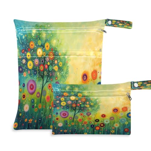 ATTX Colorful Flowers Painting Wet Dry Bags 2-Pack - Reusable Cloth Diaper Storage for Travel, Beach & Gym | Multi-Use Waterproof Bags for Swimsuits, Baby Clothes, Sports Gear#87