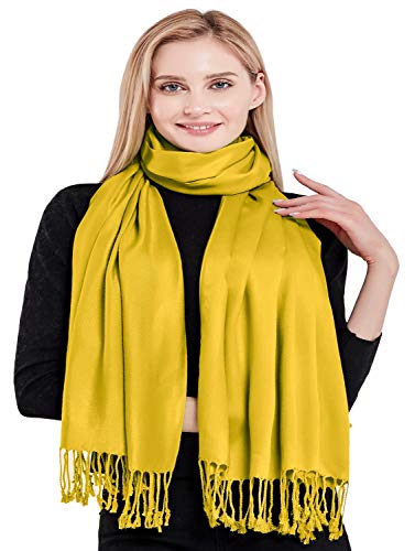 CJ Apparel Yellow Gold Amber Yellow Solid Color Tassels Design Nepalese Shawl Scarf Wrap Stole Throw Head Wrap Pashmina Hand Made in Nepal New4