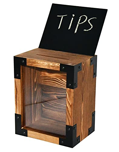 Owlgift Rustic Reclaimed Style Solid Wood Lockable Suggestion Box, Donations Collector Storage, Ballot Container, Tip Box W/ Removable Chalkboard & Acrylic Sign Holder, Lock & Key #TOP22