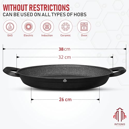 Foto von INTIGNIS Paella Pfanne Mit Glasdeckel, Keramikbeschichtung GREBLON®, Aluminium Paellapfanne 36 cm, Induktion Gas Elektro Keramik Herd Geeignet, Backofenfest Bis 180 °C