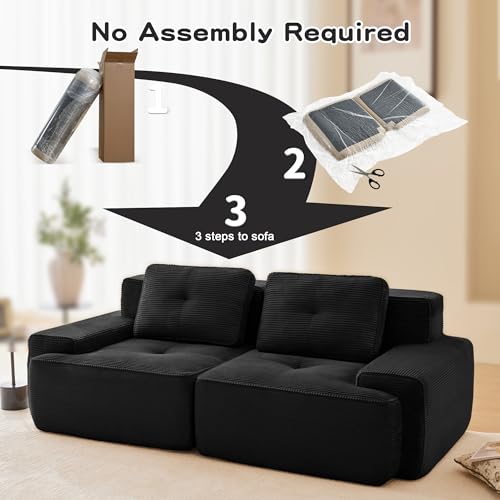 Image of 82 inch Modern Modular Boneless Couch for Living Room, 2 Seat, Soft Corduroy Fabric, Deep Seat Cloud sectional Sofa with Pearl Like Piping and Tufted Design, No Assembly, Anti Slip, Black