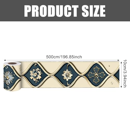 Image of Nuxovilar Blue Gold Embossed Floral Border PVC 3.94x16.4' | Wall Trim, Molding Decal, Peel Stick Border, Adhesive Frame, for Bedroom, Kitchen, Living Room (Embossed Floral)