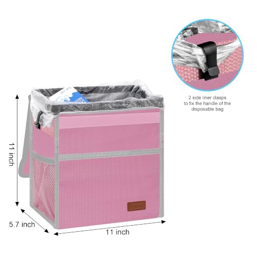 Image of Femuar Leak Proof Car Trash Can with Lid, Collapsible Hanging Waterproof Car Trash Bag with Mesh Pocket for SUV Front Seat Headrest, Large /Light Pink