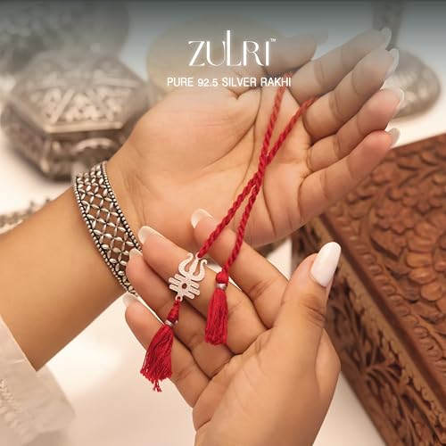 Image of 925 Sterling Silver Trishul Couple Rakhi for Bhai Bhabhi (Lumba) Cotton Thread | Rakshabandhan Rakhi With Greeting Card & Roli Chawal and Certificate of Authenticity 925 Silver