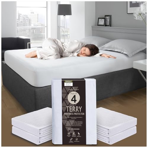 GC GAVENO CAVAILIA Pack of 4 Terry Towelling Mattress Protector - Waterproof Mattress Cover - 30cm Single Mattress Protector Fitted Sheet - Breathable Bed Mattress Protectors (190 x 90cm) - White
