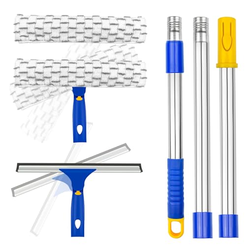 ITTAHO Squeegee for Window Cleaning,10" Squeegee & 11" Microfiber Scrubber Combi with Stainless Steel Pole,Extendable Squeegee Window Cleaner for Car,Sliding Door,Shower Glass Door-Swivel Style-2 Pads