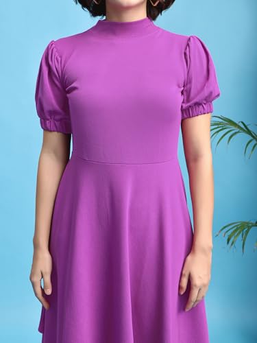 Image of PURVAJA Women's Fit & Flare Knee Length Short Sleeve Turtle Neck Solid Dress