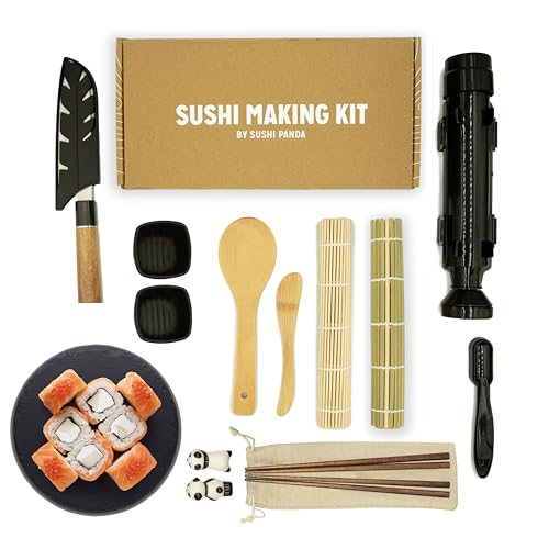 Sushi Panda® Complete Sushi Making Kit – Beginner-Friendly Set with Bamboo Rolling Mats, Sushi Bazooka, Nigiri Mold, Pro Knife & Gift-Ready Packaging – Authentic 13 -Piece Home Sushi Kit
