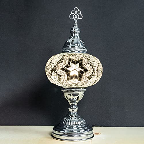 Mozaist Mosaic Colorful Desk Lamp, Turkish Stained Glass Bedside Night Light, Moroccan Chrome Finished Silver Color Decor Lighting For Home, Restaurants, Rustic With E12 Socket & Us Plug (White) #TOP1