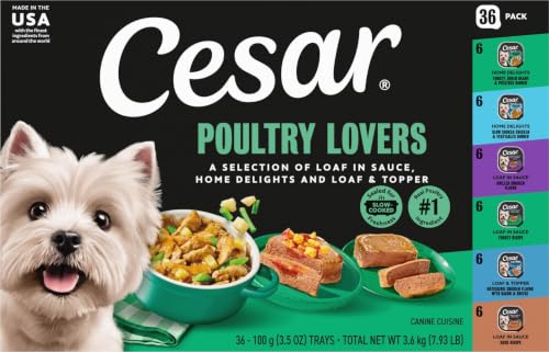 Image of Cesar Classic Loaf in Sauce Wet Dog Food, Poultry Lovers, 3.5 oz, 36 Count | Real poultry #1 ingredient, no fillers or artificial flavors, easy-to-digest, slow-cooked tender texture, easy peel trays