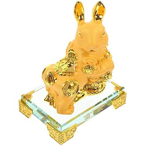 LIFKOME Chinese New Year 2023 Rabbit Statue Feng Shui Zodiac Animal Figurines Bunny Year Golden Resin Collectible Gift for Home Office Year of The Rabbit Table Decor Cover