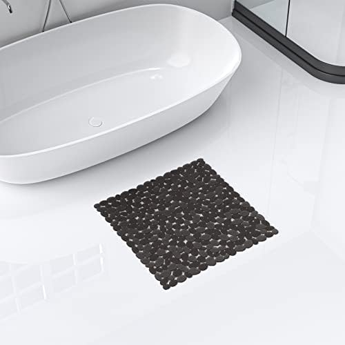 XIYUNTE Square Pebble Shower Mat Non Slip Anti Mould - 53x53 CM Anti Slip Shower Mats with Sucker, Rubber Bath Mats for Inside Shower, Non-Slip Bathtub Mat, Machine Washable, Clear Black