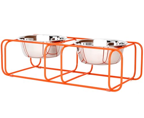 Doca Pet Wire & Dine Elevated Dog Bowls Stand for Small & Medium Sized Dogs & Cats - 2 Stainless Steel 3 Cup Dishes - Non-Skid, Modern Minimalist Design, Dishwasher Safe, Orange Frame - Made in USA