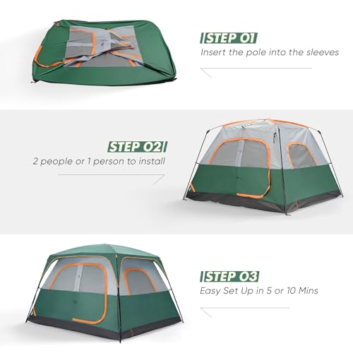 OLIXIS 6 Person Camping Tent, 81in Tall Waterproof Windproof Tent with Double Layer, Large Mesh Windows & Carry Bag, Quick Setup for Family Outdoor, Backpacking, Hiking, Green - Image 3