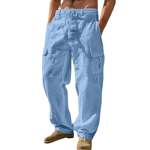 FQZWONG Mens Linen Cargo Pants Lightweight Casual Elastic Waist Pants Relaxed Fit Beach Travel Lounge Trousers with Pockets