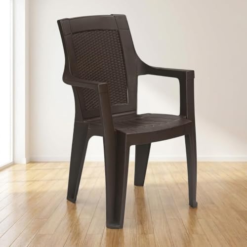 Image of INNOWIN Sweden Plastic Chair with Armrest | Pack of 2 | Strong & Durable | Modern Woven Back Design | Indoor & Outdoor Use | Living Room, Balcony, Garden Seating | Rust Brown | 3 Year Warranty