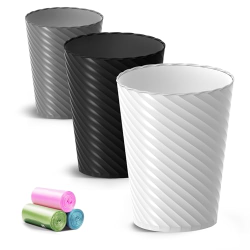 Lysam-Bathroom-Trash-Can-3-Pack-18-Gallons-Small-Trash-Can-with-Trash-Bags-Bathroom-Garbage-Can-Plastic-Trash-Bin-Round-Waste-Basket-for-Bedroom-Office-Room-White-Black-Grey Lysam Bathroom Trash Can, 3 Pack 1.8 Gallons Small Trash Can with Trash Bags, Bathroom Garbage Can, Plastic Trash Bin, Round Waste Basket for Bedroom, Office, Room (White Black Grey) - Image 1