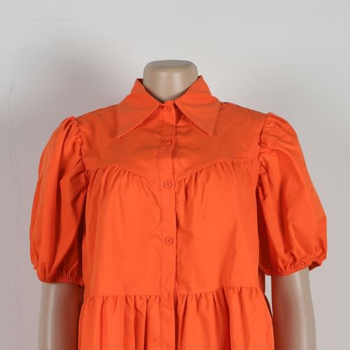 Image of WOKANSE Women's Cute Babydoll Dresses Casual Loose Puff Sleeves Ruffle Hem Button Down Pleated Shirt Dress