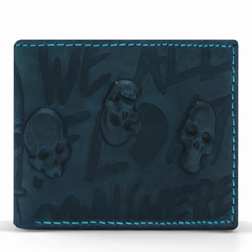 Leather Wallets For Men- 3D Embossed Skulls Pattern Design Bifold Vintage Distressed Genuine Leather Wallet With Two Cash Pockets And Six Card Slots (Blue)