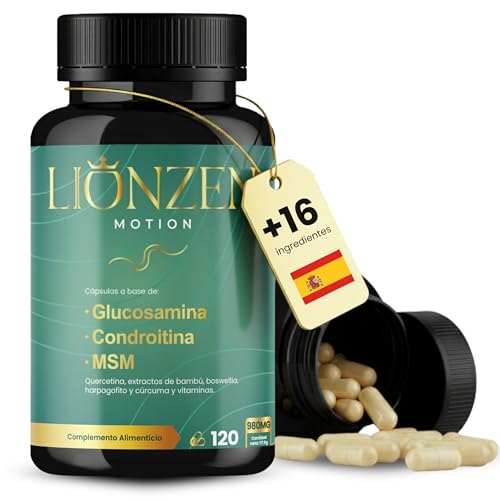 Glucosamina Condroitina y MSM +16 ingredientes articulaciones y huesos | Colágeno, Ácido Hialurónico, Cúrcuma y Vitaminas | Condroprotector Natural Cartílago y Dolor Articular | LIONZEN MOTION