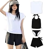 [Teddy] 水着 レディース 体型カバー タンキニ 4点セット 大人 ビキニ タンクトップ ショートパンツ Tシャツ ラッシュガード ママ水着 hys1618 M(9号) ホワイト×ブラック