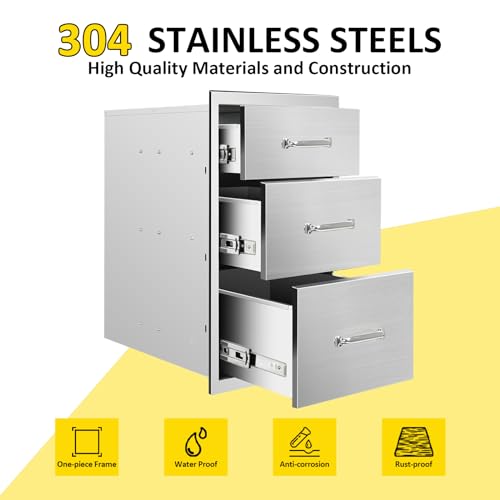 Image of Outdoor Kitchen Drawers 20 inch W x 27 inch H x 23 inch D Flush Mount Triple BBQ Drawers with Chrome Handle Stainless Steel Drawer for Outdoor Kitchen Island, Patio Grill Station