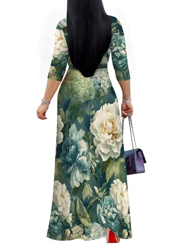 Image of Plus Size Dresses for Women Floral Print Maxi Dress Flowy 3 /4 Sleeve with Belt