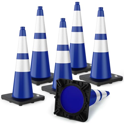 BATTIFE Traffic Cones with Black Weighted Base PVC Safety Cones for Traffic Control Construction Events Driveways and Parking Lots (28 Inch Blue 6 Pack)