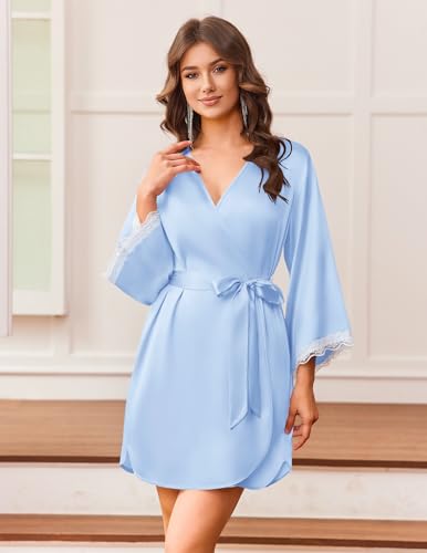 Ekouaer Silk Robe for Women Short Satin Robe 3/4 Sleeves Lace Trim Kimono Bathrobe Sexy Bride Bridsmaid Sleepwear with Pocket — view 2