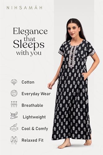 Image of NIHSAMAH Cotton Nighty for Women with Pocket, Premium Printed Long Nighty | Comfortable & Fancy Sleepwear /Nightwear