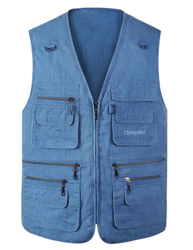 Flygo Men's Summer Casual Fishing Photography Vest Multiple Pockets Outdoor Waistcoat Jacket (Large, Denim Blue)
