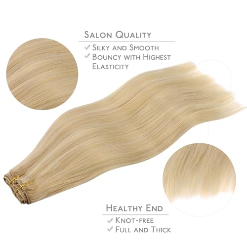Image of WENNALIFE Clip in Human Hair Extensions, 16 Inch 120g 7pcs Light Blonde Highlighted Golden Blonde Hair Extensions Clip In Human Hair Remy Real Human Hair Double Weft