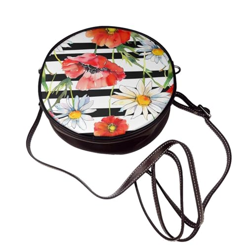 Sac à bandoulière rond femme cuir végétalien à rayures et fleurs Poppy