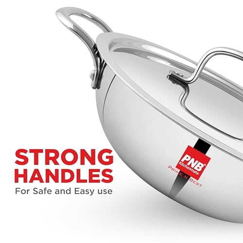 Image of PNB Kitchenmate Extra deep kadai triply- 3.7 Liter| Induction Compatible triply kadai with lid | Stainless Steel cookware | Try ply cookware for Indian Cooking | Dishwasher Safe| 5 Year Warranty