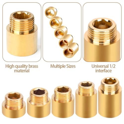 5 Stück Hahnverlängerung 1/2 Zoll, RohrverläNgerung Messing 1/2 Zoll x10mm/15mm/20mm/25mm/30mm, verlängerung Fitting, Wasserhahnverlängerung aus Messing, für Wasserhähne und Duschköpfe