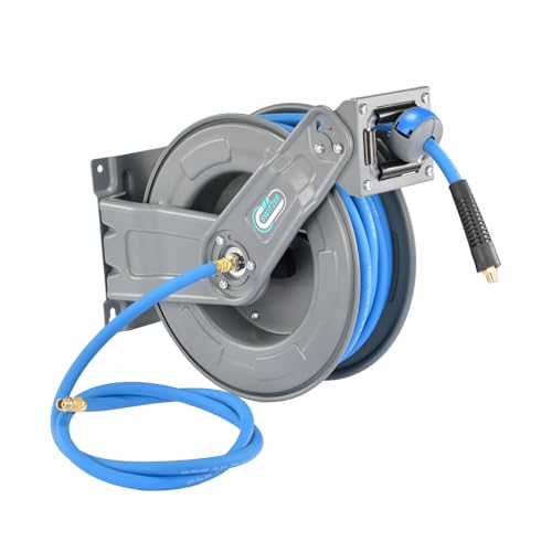 Image of SwitZer Heavy Duty Retractable Air Hose Reel 15M, Wall Mounted Auto Rewind Compressor Hose Reel, Hybrid Anti-Kink Hose, Double Arm Steel Construction, 1/4" BSPT Fittings for Garage Workshop Air Tools