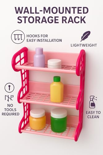 Image of 3-Tier Multipurpose Rack Wall Mount Plastic Bathroom Corner Stand Stackable Shelf Vegetable Spice Rack for Kitchen Onion and Potato Basket Vegetable Storage Organizer| Cosmetic Makeup Storage|(Pink)
