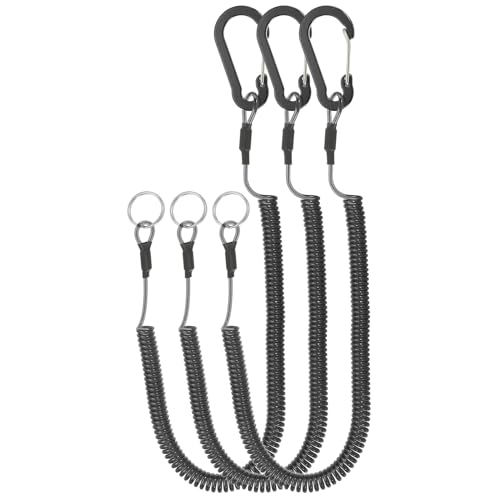 PATIKIL 3-Pack Retractable Spiral Safety Lanyards, 6-Inch with Aluminium Clip and Key Ring, for Fishing, Kayak, Climbing and Boating, Black