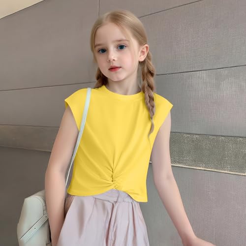 Image of Girls Twist Front Tunic T-Shirt Cute Short Sleeve Tees Summer Blouse for Girls 5-14 Years Yellow