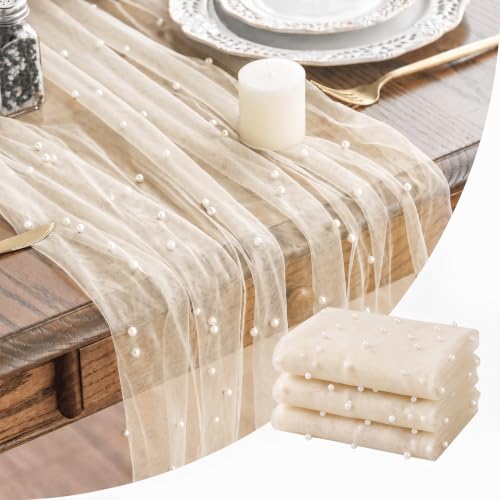 Artoid Mode 3-Pack Pearl Beige Gauze Table Runner 10FT Home Decor