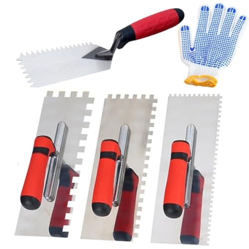 ESreake 5Pcs Square Notched Trowel Set Stainless Steel Concrete Trowels Margin Flooring Trowel Masonry Hand Tool with Soft Grip Handle for Wall Floor Tiling Installation