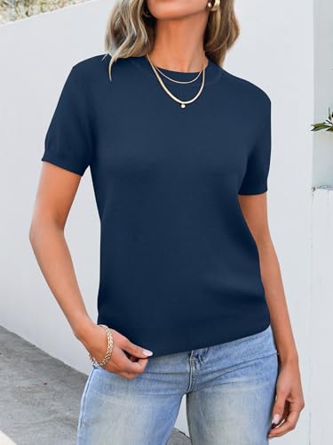 Image of ANRABESS Womens Short Sleeve Sweaters Wool Blend Crew Neck Sweater Shirts Business Casual Work Tops 2026 Summer Outfits