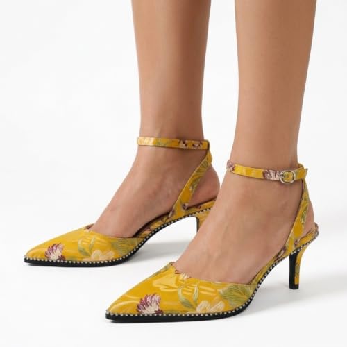 Image of SAMMITOP Kitten Heels for Women Low Heel Closed Toe Ankle Strap Pumps Wedding Party Beaded Dress Shoes 2.4 Inch