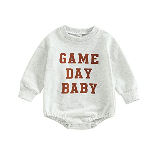 FIOMVA Baby Girl Boy Clothes Football Long Sleeve Crewneck Sweatshirt Romper Pullover Shirt Tops Spring Fall Outfit(Game Day Baby-Grey,12-18 Months)