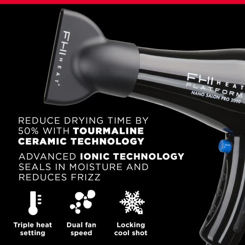 Fhi Heat Platform Nano Power Salon Pro 2000 Tourmaline Ceramic Quick Dry Hair Dryer With 3 Piece Attachment Set (Comb, Concentrator, And Diffuser), Black #TOP2