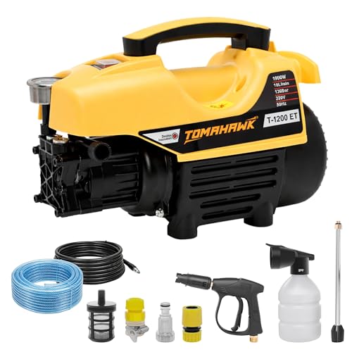 Image of Tomahawk T-1200 Induction Motor Pressure Washer - 120 Bar High Pressure, 1300W Deep Cleaning Power | 1-Line Compact Washer with 8m Hose, Pressure Gauge & Foam Bottle for Car, Bike & Home