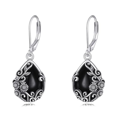 YFN Black Obsidian Sunflower Dangle Drop Earrings for Women 925 Sterling Silver Vintage Teardrop Earrings
